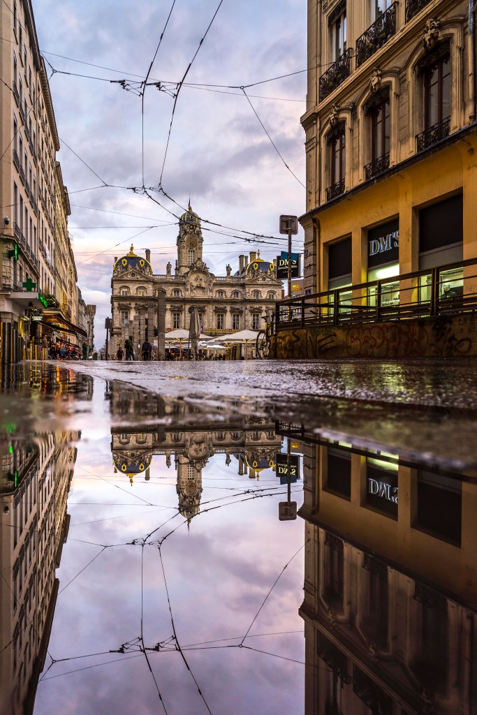 Lyon, France - Hôtel de Ville reflecting in a puddle