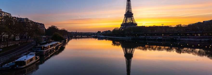 Paris, France: Eiffel Tower before sunrise, viewed from Pont Bir-Hakeim