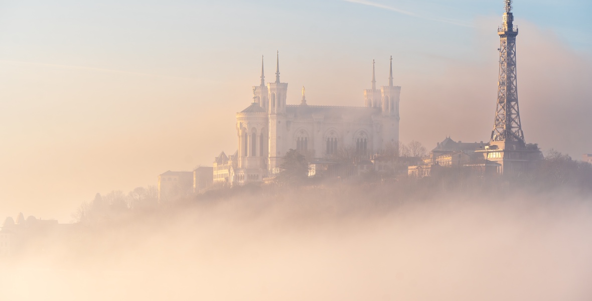 Lyon, France - Notre-Dame de Fourvière in the misty clouds
